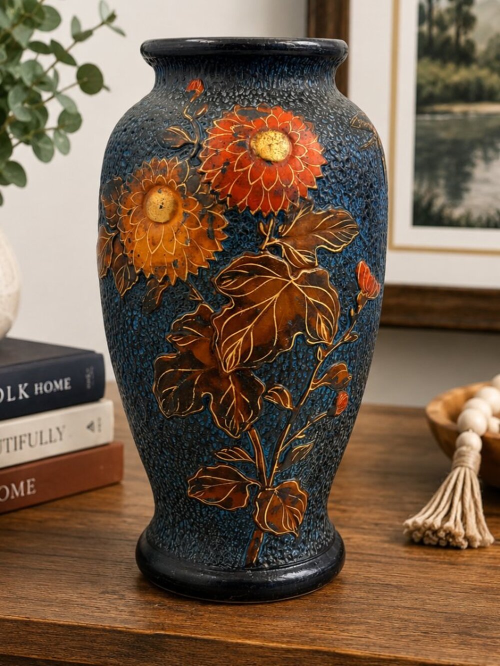 Beautiful Rare Vintage Japanese Vase Black With Floral Pottery 1930's Antique